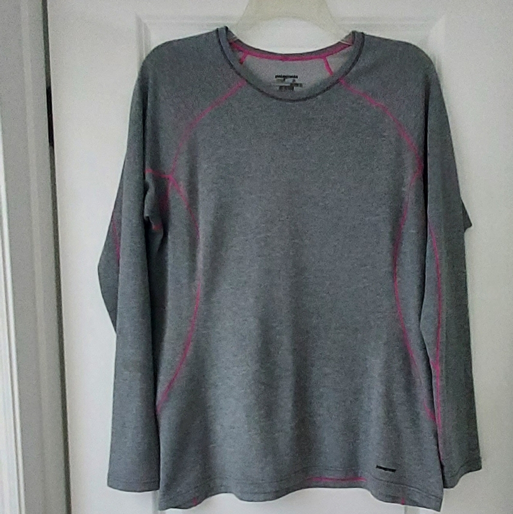 Patagonia Womens Large Long Sleeve Shirt Capilene Mid Weight Grey Pink